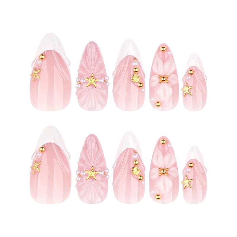 Mivota Medium Almond Press On Nails French Tip Nude Acrylic Fake Nails with 3D Shell Starfish Pearl Floral Design, Elegant Summer Beach Style DIY Manicure for Women