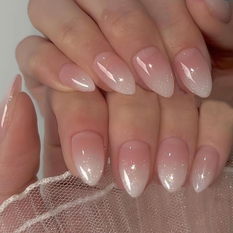 IQXGE Pink Ombre Acrylic Press on Nails Short Almond Acrylic Nails Press Ons Full Cover Glue on Fake Nail with Silver Glitter Designs Reusable Artificial Stick on False Nail for Women 32Pcs