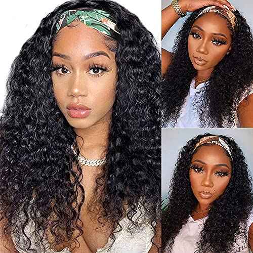 Aiterina Headband Wig for Black Woman 20 inch Brazilian Human Hair Wigs Deep Curly Wave Headband Wig Natural Color