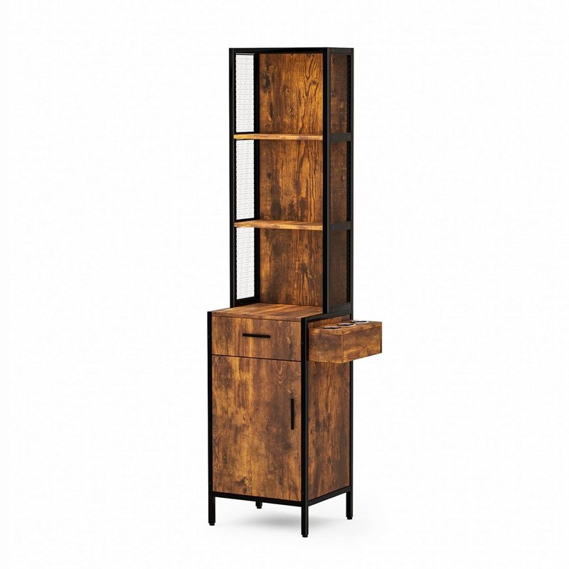 3-Layer Salon Storage Cabinet - Beauty Barber Styling Station Organizer with Drawer & Hot Tool Holders | Rustic Design