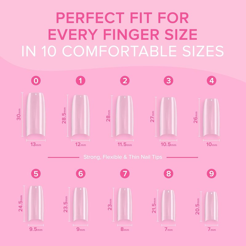 NYK1 Coffin Nail Tips - Crease-Proof & Shatter-Resistant | 500 PCS in 10 Sizes for Easy Gel & Acrylic Extensions