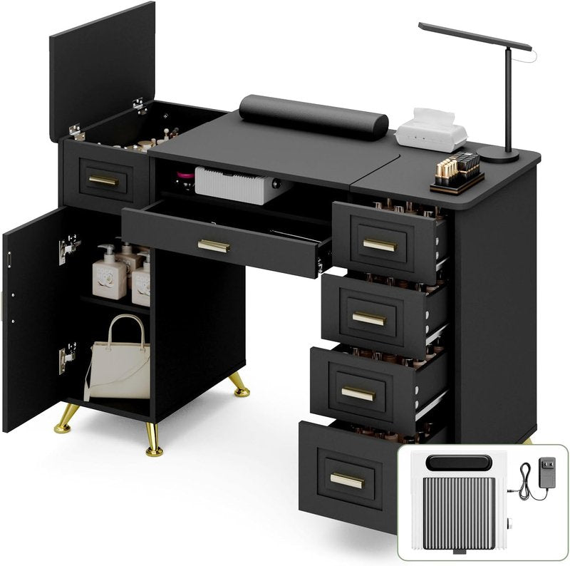 Manicure Table with Removable Panel, Nail Tech Desk with Dust Collector, Drawers & Storage, Nail Station for Salon or Home Studio (Black)