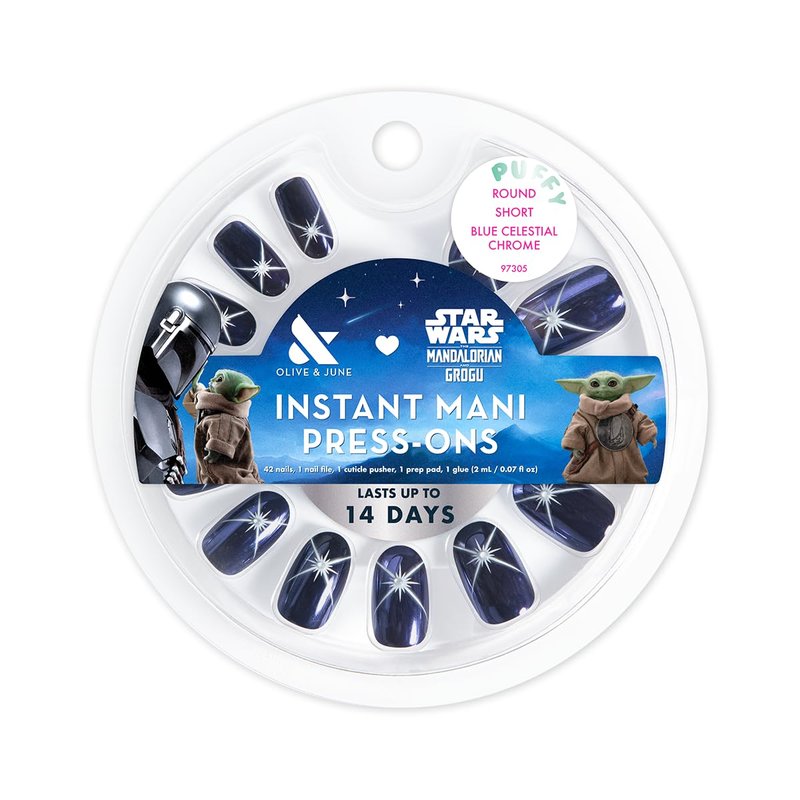 Olive & June Instant Mani Press-On Nails (Glue) | Star Wars: The Mandalorian & Grogu | 42 Fake Nails, 21 Sizes | Non-Toxic, Long-Lasting Up to 14 Days | Short, Round | Blue Celestial Chrome