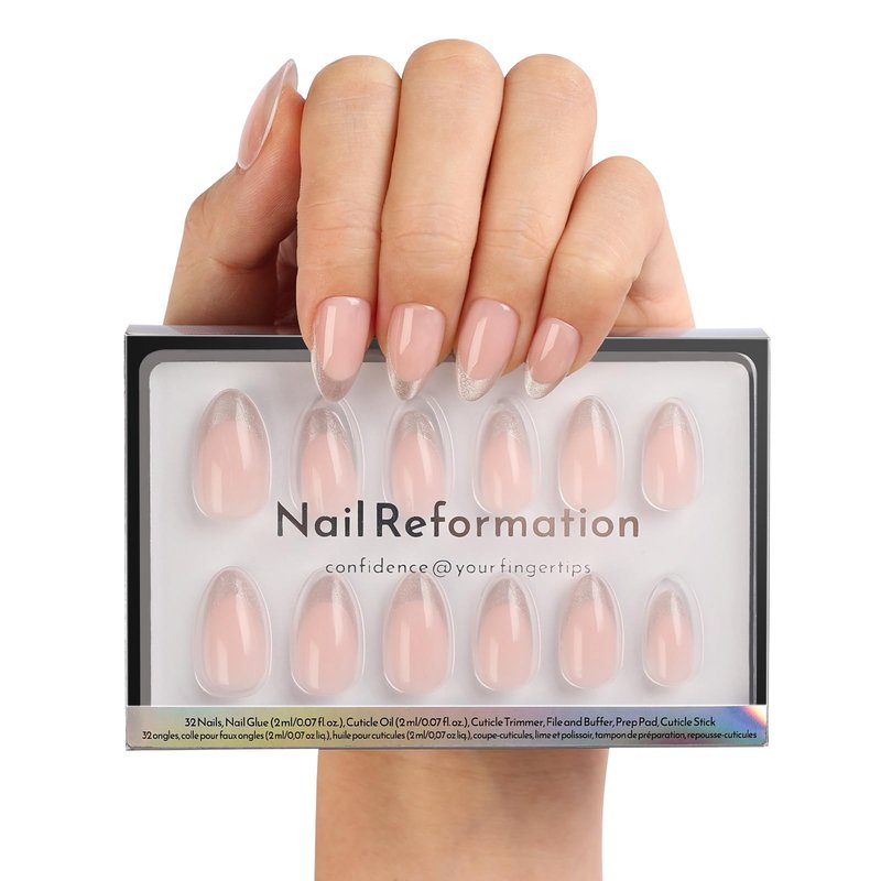 Nail Reformation Press On Nails, Sheer Nude Short Almond Fake Nails in Silver Glitter French Tip with Glossy Finish, Reusable Stick On Nails in 16 Sizes - 32 False Nail Kit with Glue, Gifts for Women
