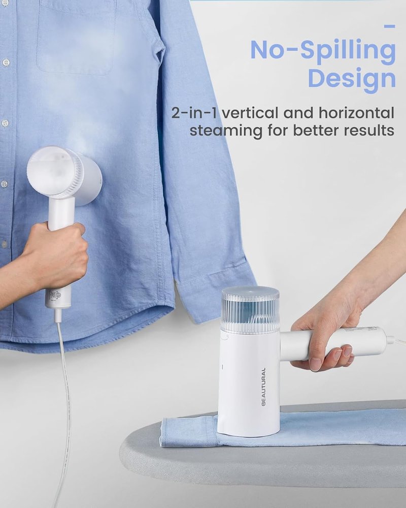 Beautural Portable Clothes Steamer - Fast 30s Heat-Up, Handheld & Foldable Design, White