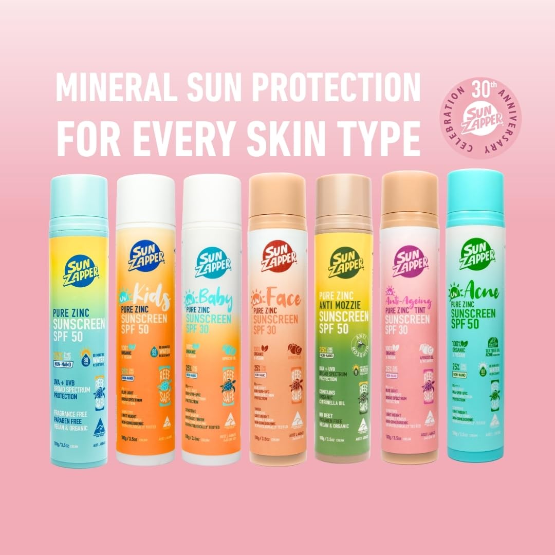Sun Zapper Face Pure Zinc Sunscreen SPF 30 Tinted – Organic Mineral Sunscreen, 25% Non-Nano Zinc Oxide, Lightweight Invisible Finish, Reef Safe, Vegan, 100g (3.5 oz) Pump, Australian Made