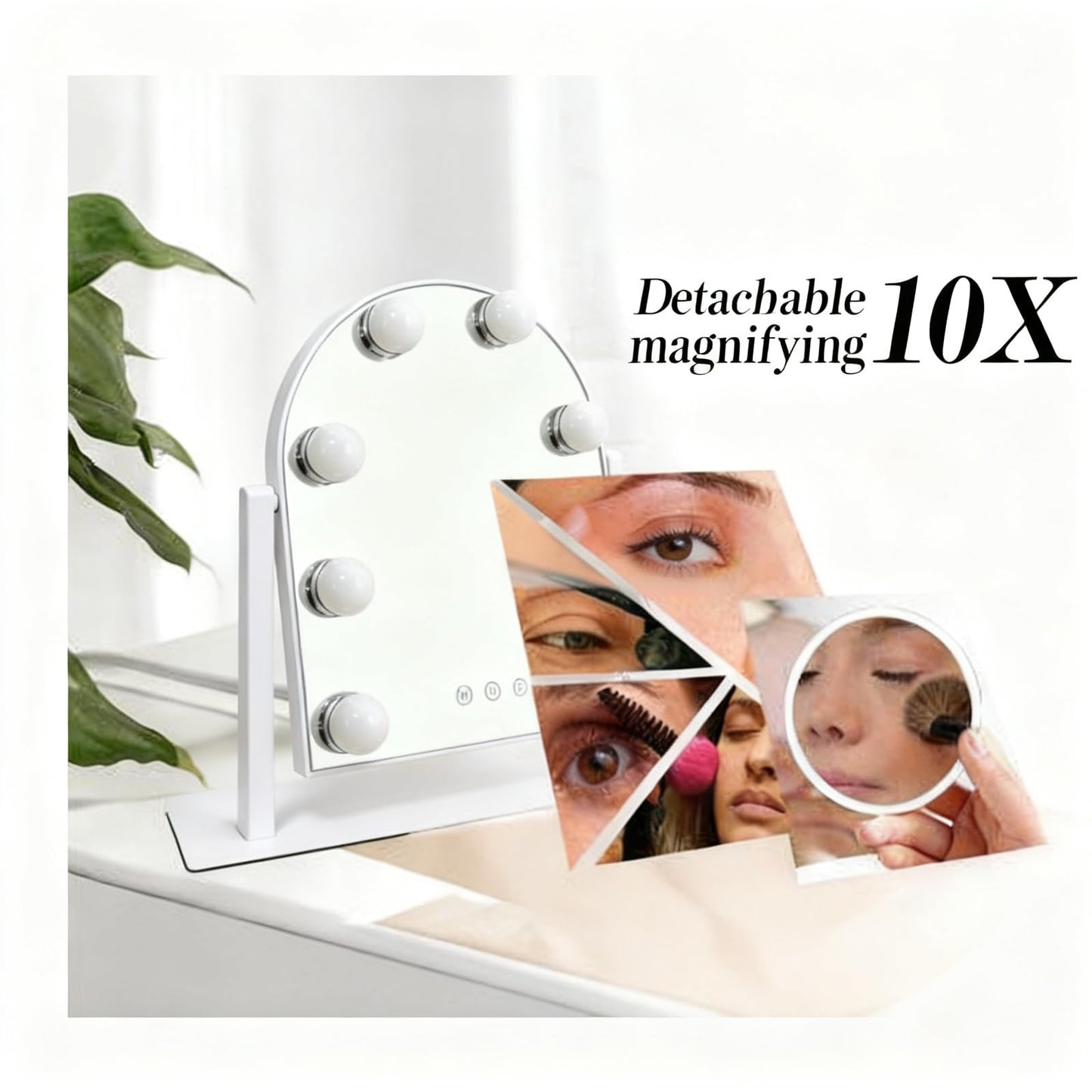 SLIMOON Arched Makeup Vanity Mirror with LED Lights Makeup Mirror Detachable 10X Magnification, Hollywood Make Up Mirror with Lighting, Smart Touch, Rechargeable,360° Rotation,White 14.17"x 11.81"