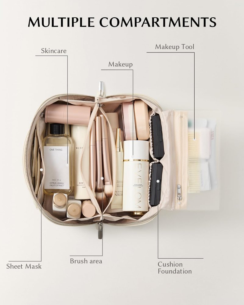 EACHY Travel Makeup Bag - Large Capacity Waterproof PU Leather Cosmetic Organizer | Portable Toiletry Bag for Skincare & Brushes
