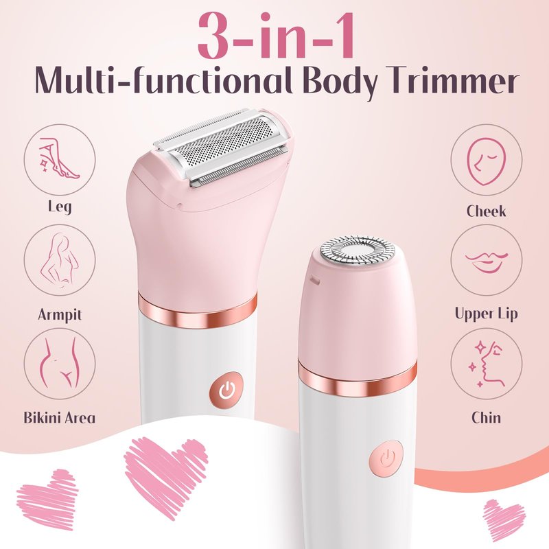 Bikini Trimmer for Women - 3 in 1Electric Razors for Silk Skin, Cordless Pubic Hair Trimmer, Replaceable Lady Shavers Kit, Bikini Shaver for Legs Body Hair, IPX7 Waterproof, White