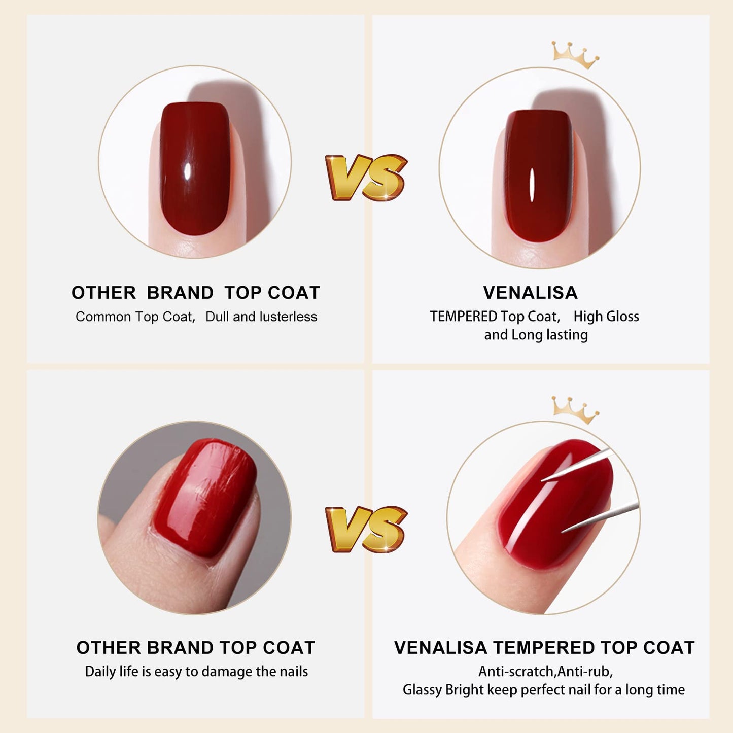 VENALISA 2 Pcs No Wipe Tempered Gel Top Coat and Base Coat Set Gel Nail Polish, Nail Gel Polish Nail Art Starter Manicure Salon DIY at Home