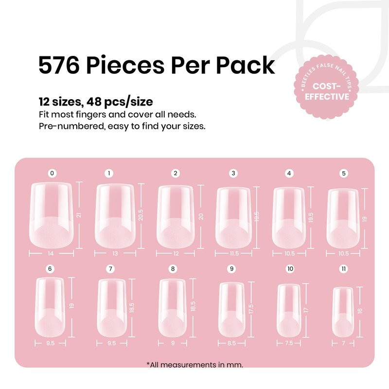 Beetles Gel Nail Tips Etch-X, Square Short, 576Pcs 12 Sizes, Pre-Shaped Half Matte Full Cover Soft Acrylic False Nail Tips Easy DIY Press On Nail Extension Manicure Salon Gift for Women