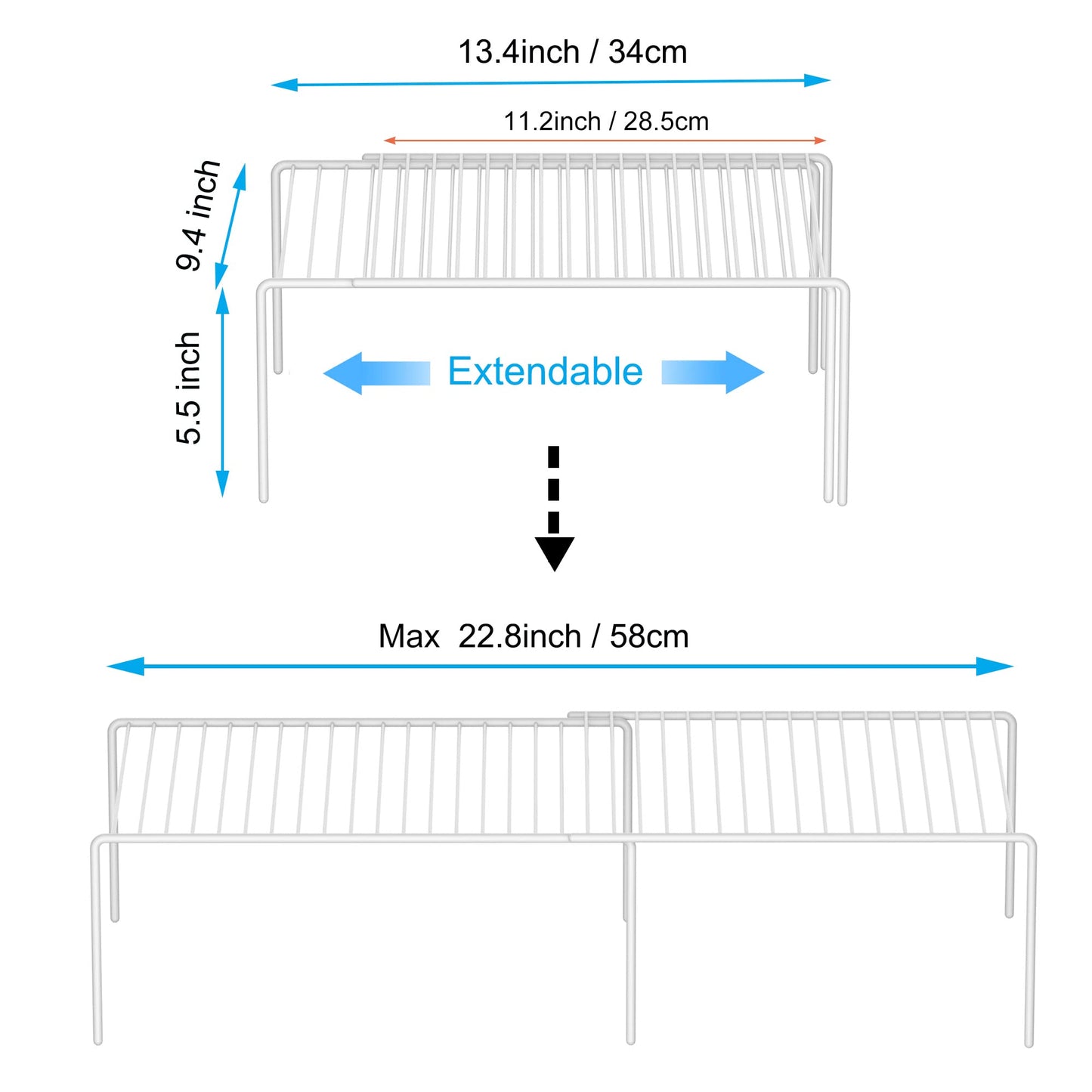 iPEGTOP Set of 2 Expandable Kitchen Cupboard Organiser, 4-Piece Adjustable Freezer Cabinet Storage Wire Shelf Rack Rustproof Metal Shelves Space Saver for Countertop Pantry Drawer Utensils (White)