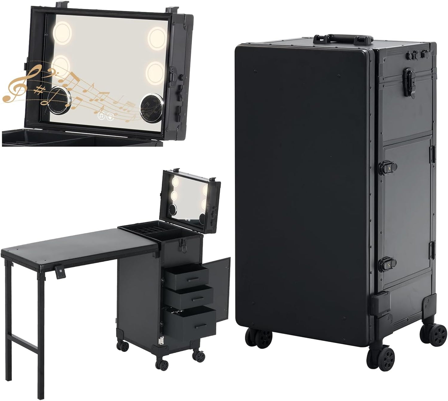 Skiennix Portable Nail Desk - Foldable Manicure Table with 3 Drawers & Mirror | Rolling Mobile Workstation in Black