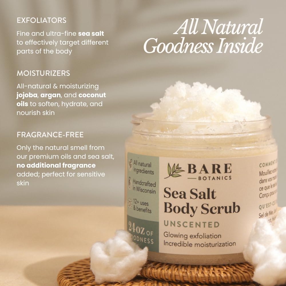 Bare Botanics 24oz Unscented Sea Salt Body Scrub | Non-toxic, Vegan & Cruelty-free | Made in Madison, WI | Full Body Exfoliator & Hydrating Moisturizer with a Cute Wooden Spoon