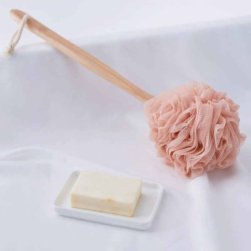 Arswin Loofah Back Scrubber for Shower, Wooden Long Handle Bath Sponge Lufa Shower Brush, Soft Nylon Mesh Back Cleaner Washer, Women & Men Exfoliating Luffa Pouf on a Stick for Body (Pink)