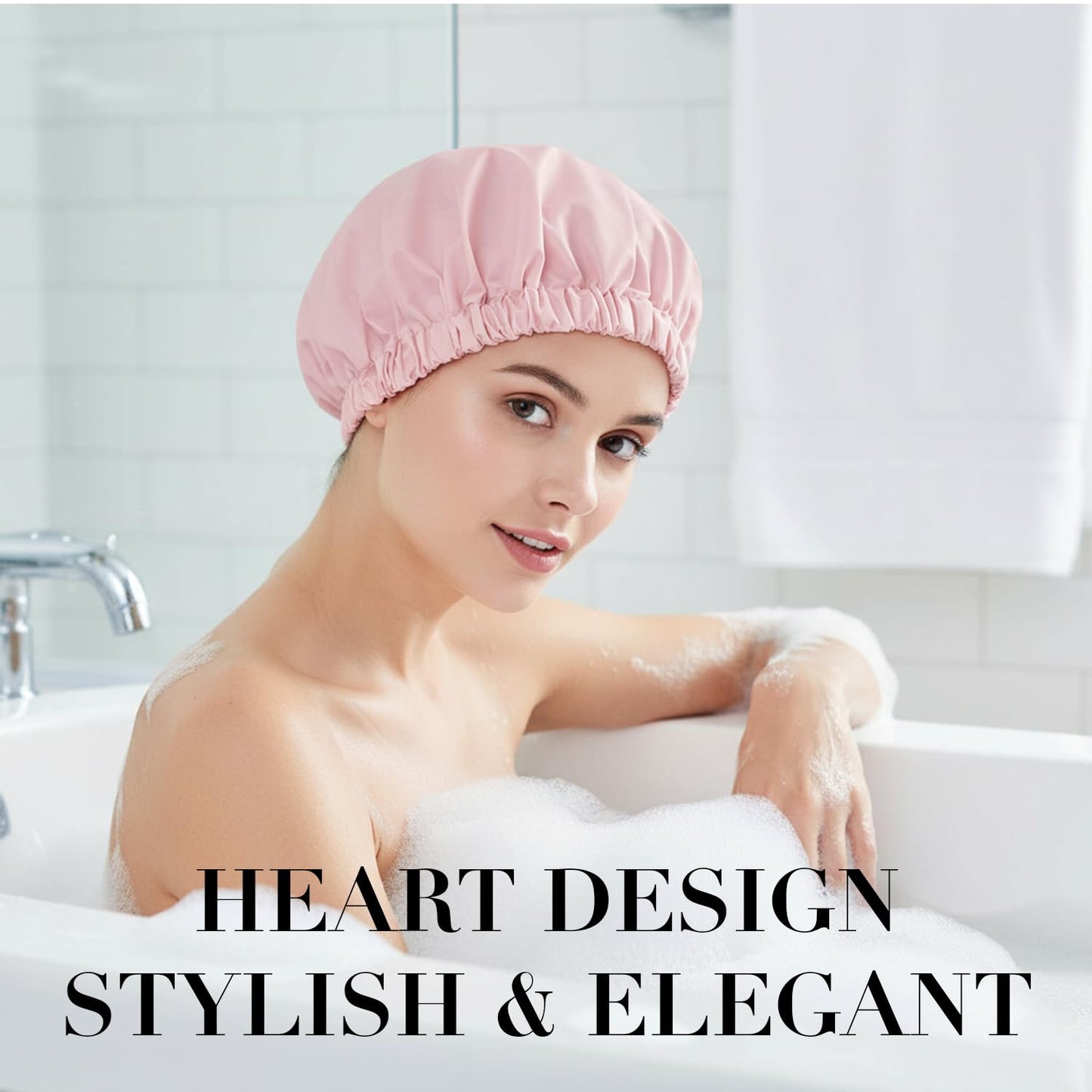 Shower Caps For Women Reusable Waterproof Double Layer Designed Large Shower Bonnet for Long Hair Washable Elastic Band Bath Reusable Pink Shower Caps Protects Hair In Shower, Spa & Travel
