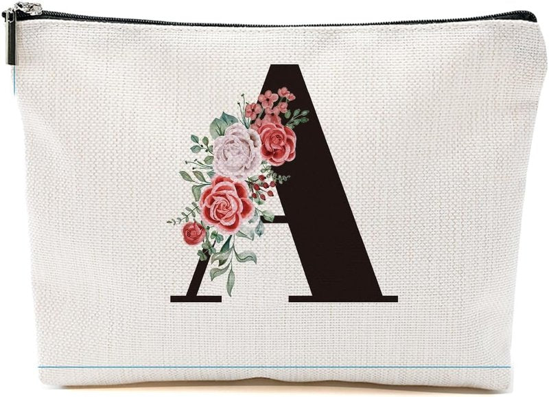 Initial A Rose Letter Makeup Bag - Monogrammed Cosmetic Bag for Women | Travel Toiletry Organizer