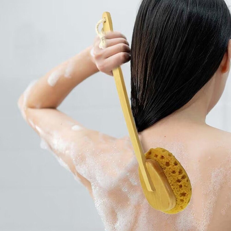 18" 2pcs Extra Long Handle Beechwood Bath Brush for Shower with Sponge - Exfoliating & Massaging Back Scrubber Bath Brush Gentle Exfoliating Lotion Applicator