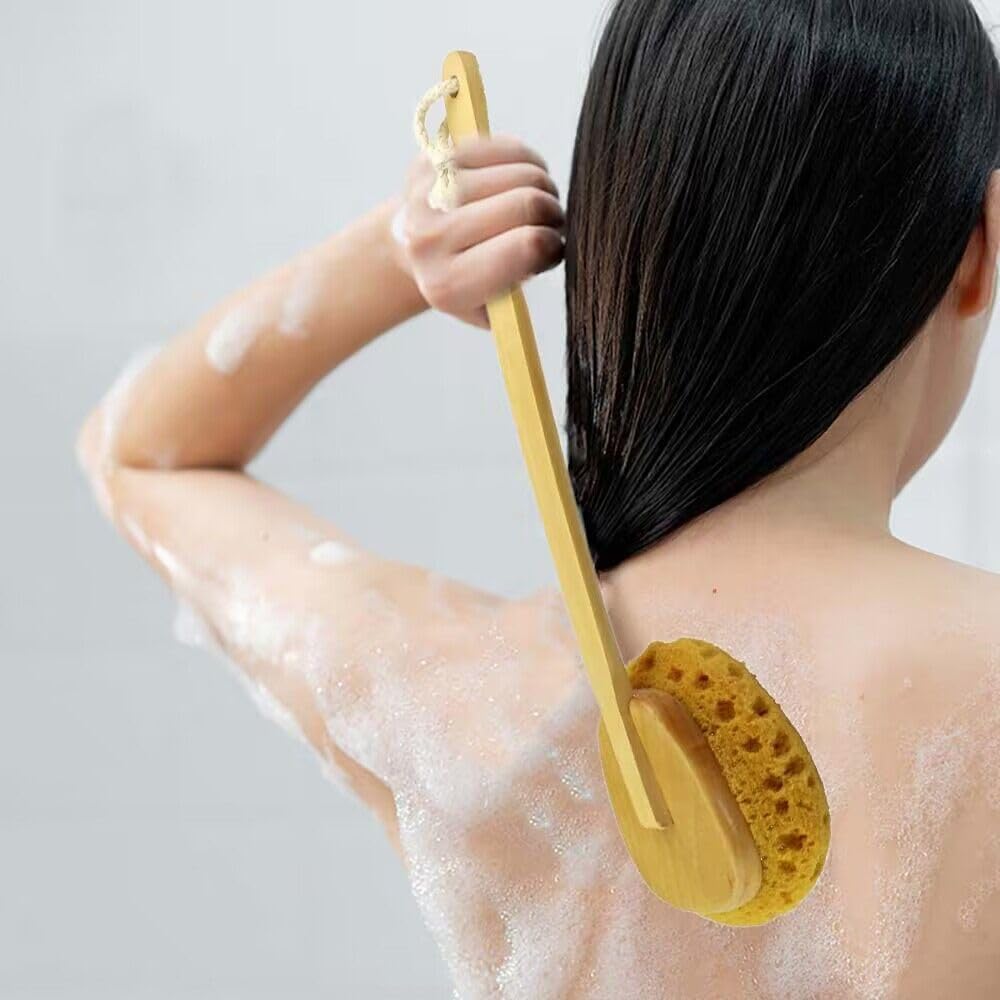 18" 2pcs Extra Long Handle Beechwood Bath Brush with Sponge - Exfoliating & Massaging Back Scrubber for Shower