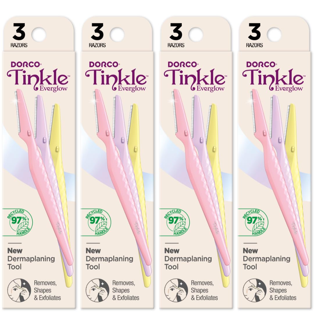 Tinkle Everglow Dermaplane Razor (12 ct - 4 packs of 3ct), Eyebrow Razor & Face Razors for Women, Peach Fuzz Remover, Dermaplaning Tool, Stainless Steel Blades, Stocking Stuffers