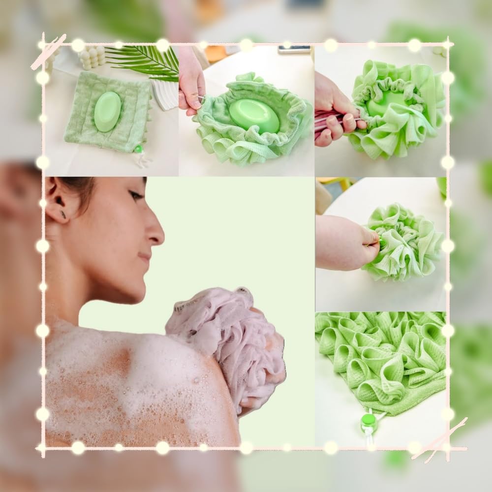 Washcloth Loofah Combo 2-in-1 Loufee Wash Cloth that Holds Bar Soap-Exfoliation Mesh Shower Ball for Body Wash&Smooth Skin+Free Loofah Dish Towel
