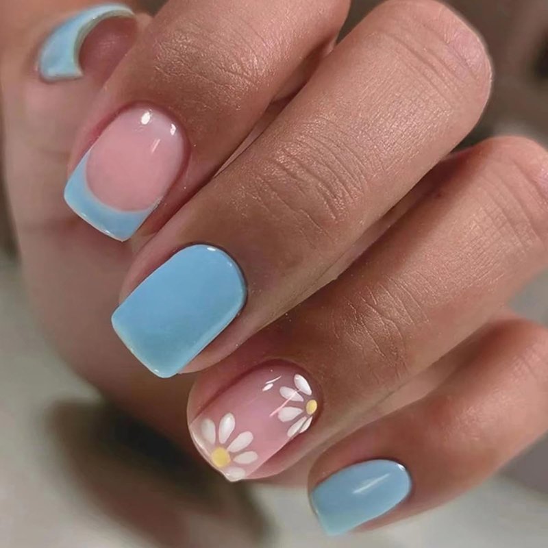 Press On Nails - Short Square Acrylic Nail Kit with Glossy Blue French Designs | 24 Pcs Full Cover Floral Stick-On Nails for Women