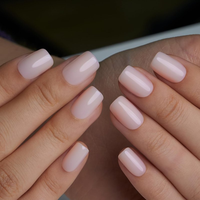 CurvLife Press on Nails Short Square Acrylic Fake Nails with Apricot Design Full Cover False Nails Glossy Nude Glue on Nails Artificial Stick on Nails for Women (Polka Dot Silver French)