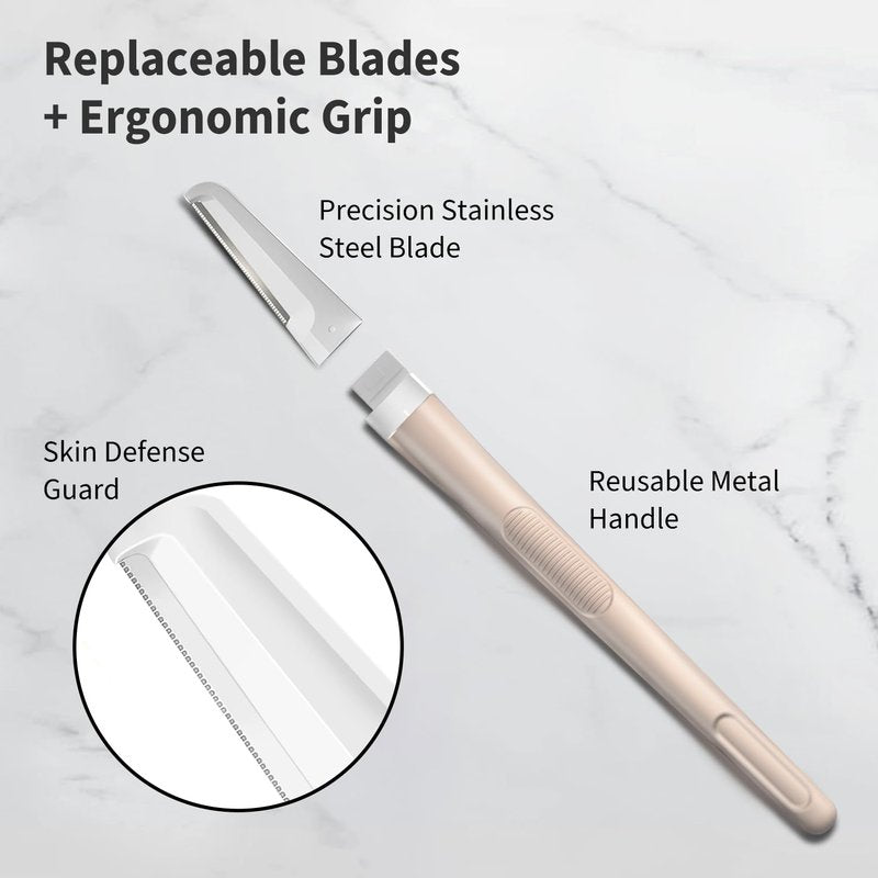 Dermaplane Razor for Women Face, Precision Face Razors for Women, Dermaplaning Tool, Gentle Exfoliation, Perfectly Shape Brows, Reusable Metal Handle with 8 Microblades, Beige