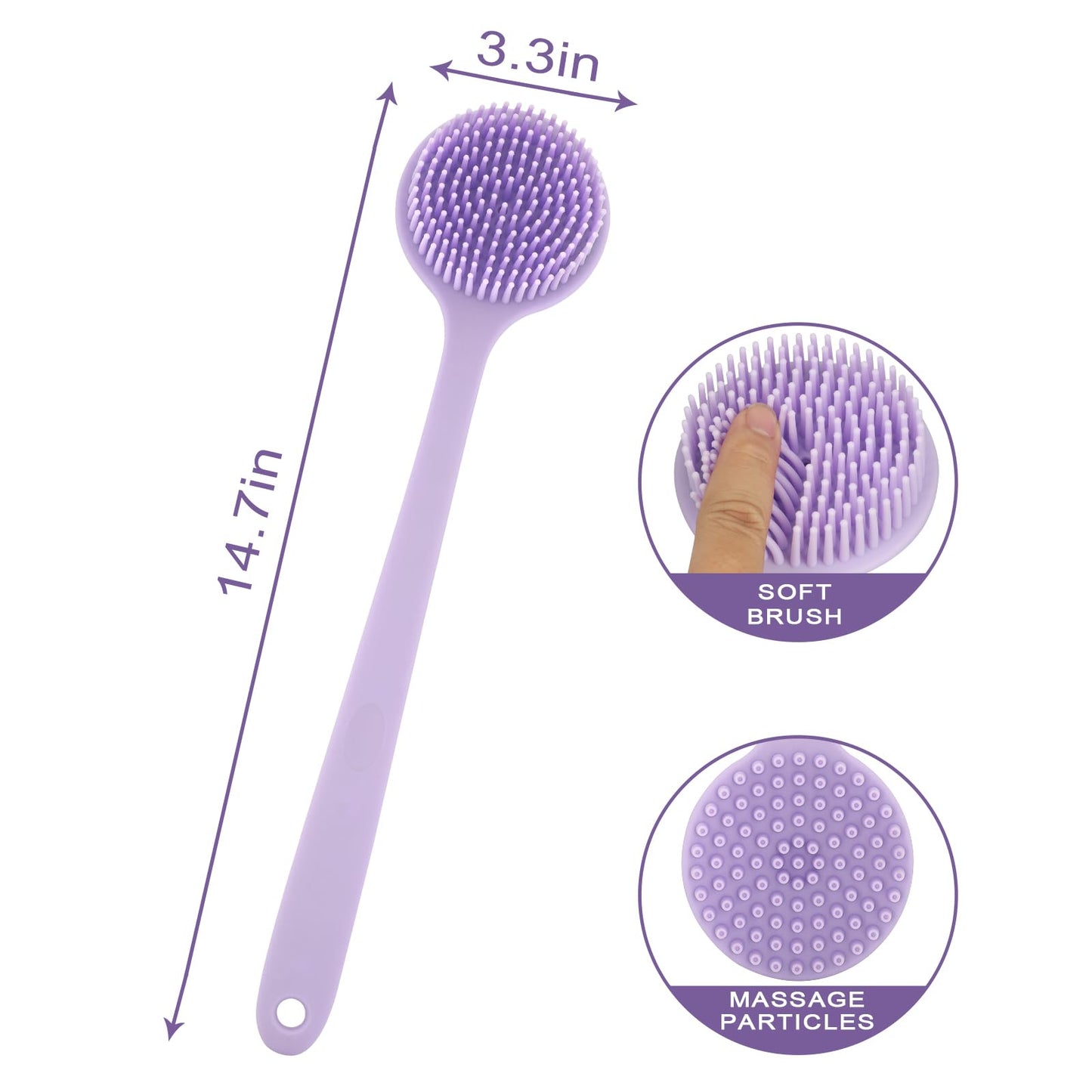 Silicone Back Scrubber for Shower, 14.7in Then Handle Body Brush, Double Sided Shower Brush for Shower Exfoliating and Massage Can Produce Rich Foam, Long Handle Back Scrubber for Men and Women