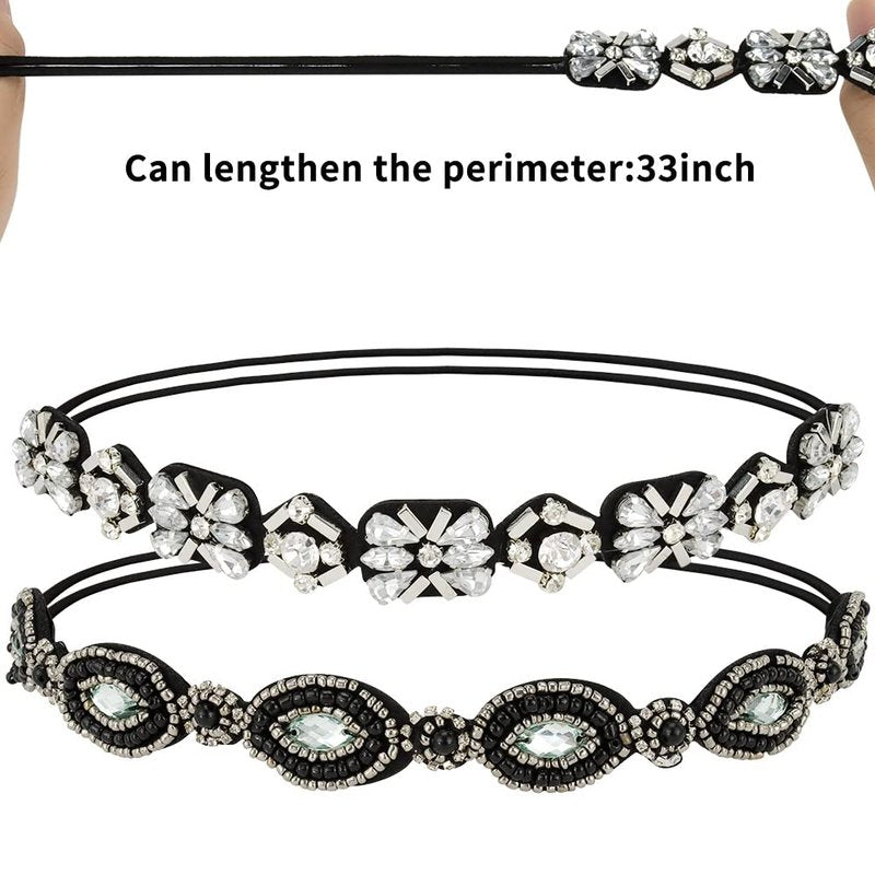Amariver 2 Pieces Rhinestone Beaded Elastic Headband，Fashion Headbands Handmade Hair Bands Hair Accessories for Lady Woman 20-25" Fits for Most (Style B)
