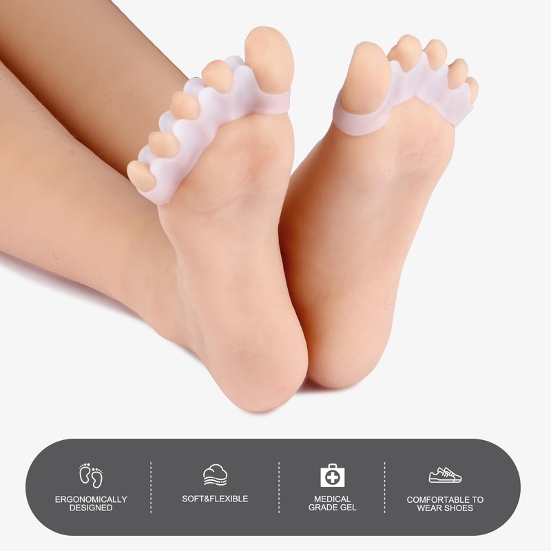 Pure Comfort Silicone Toe Separators – White – Bunion Corrector & Hammertoe Straightener for Overlapping Toes, Plantar Fasciitis Relief – Adjustable Gel Toe Spacers for Yoga, Running & Daily Wear – Washable & Reusable (2 Pairs)