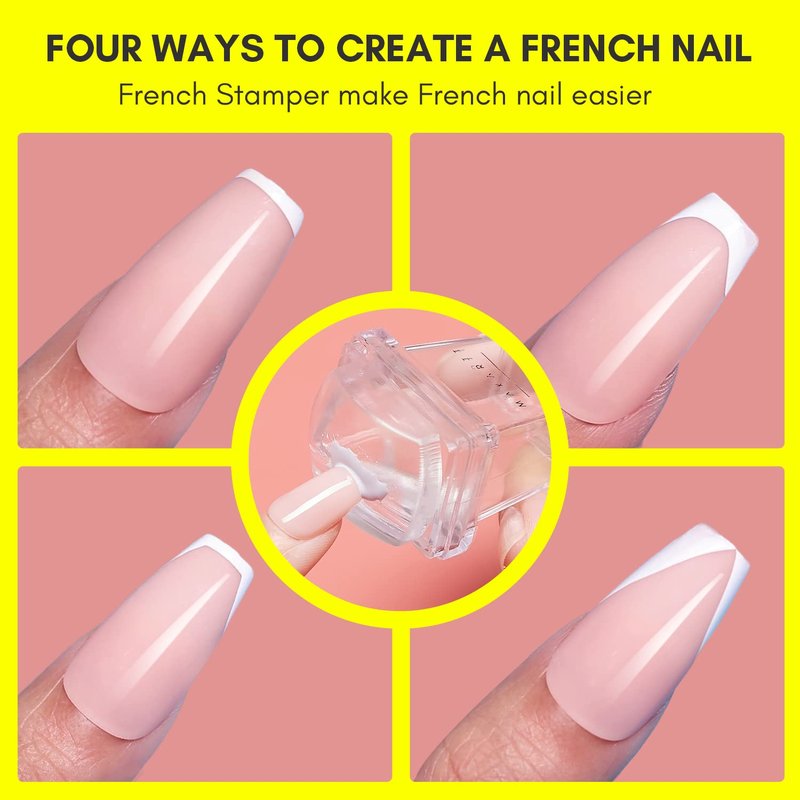 Makartt 12 PCS French Nail Art Stamper Kit,2 PCS Jelly Nail Stamper 4 PCS Silicone Replaceable Stamper Head and 6 Sheets French Manicure Edge Auxiliary Nail Guide Stickers For Gel Polish Design