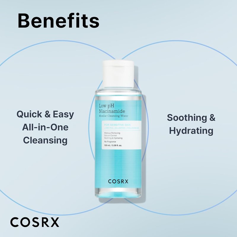 COSRX Low pH Niacinamide Micellar Cleansing Water Daily Mild Facial Cleansing Wash for Sensitive Skin, Sebum control, Korean Skin Care (3.38fl.oz/100ml)