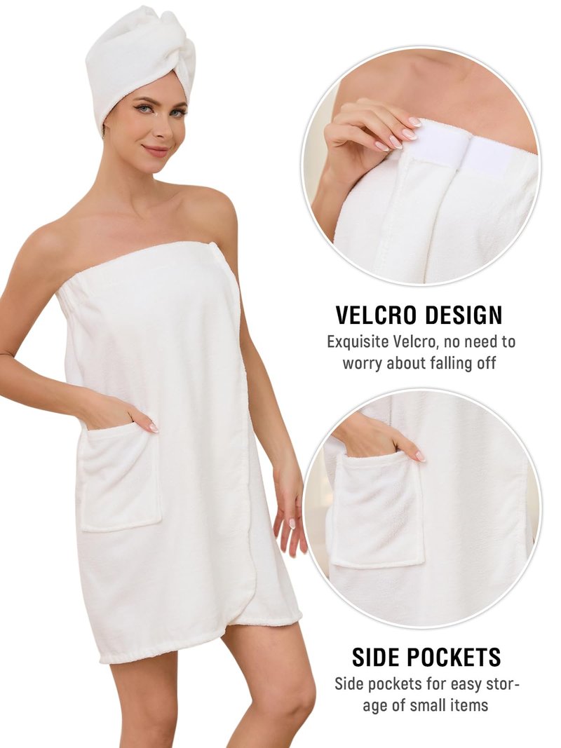Air Curvey Soft Wrap Towel for Women Lightweight Spa Body Wrap Shower Wrap Robe Adjustable Closure Bathrobe with Pocket White L