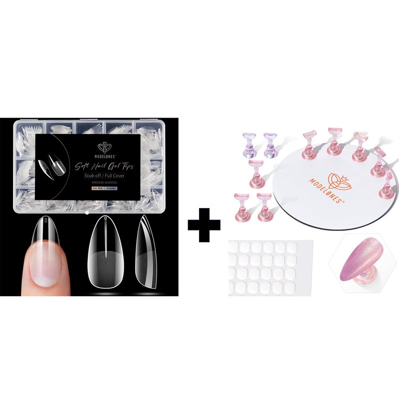 Modelones Fake Nail Tips - 510 Pcs Almond Shape Medium Clear Set with 15 Sizes & Nail Stand