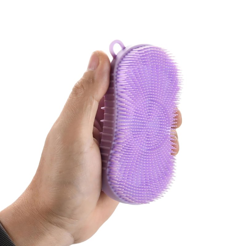 Silicone Body Scrubber, Double Sided Exfoliating Brush with Soft Flexible Bristles, Scalp Massage and Shampoo Tool with Hanger Loop (Lavender)