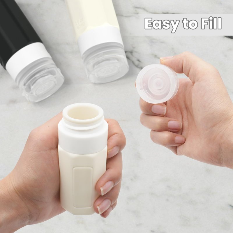 Ruinovate 2 oz Travel Bottles, Small Size Containers, TSA Approved Silicone Travel Toiletries Bottles, Shampoo and Conditioner Kit for Women (Black-white)