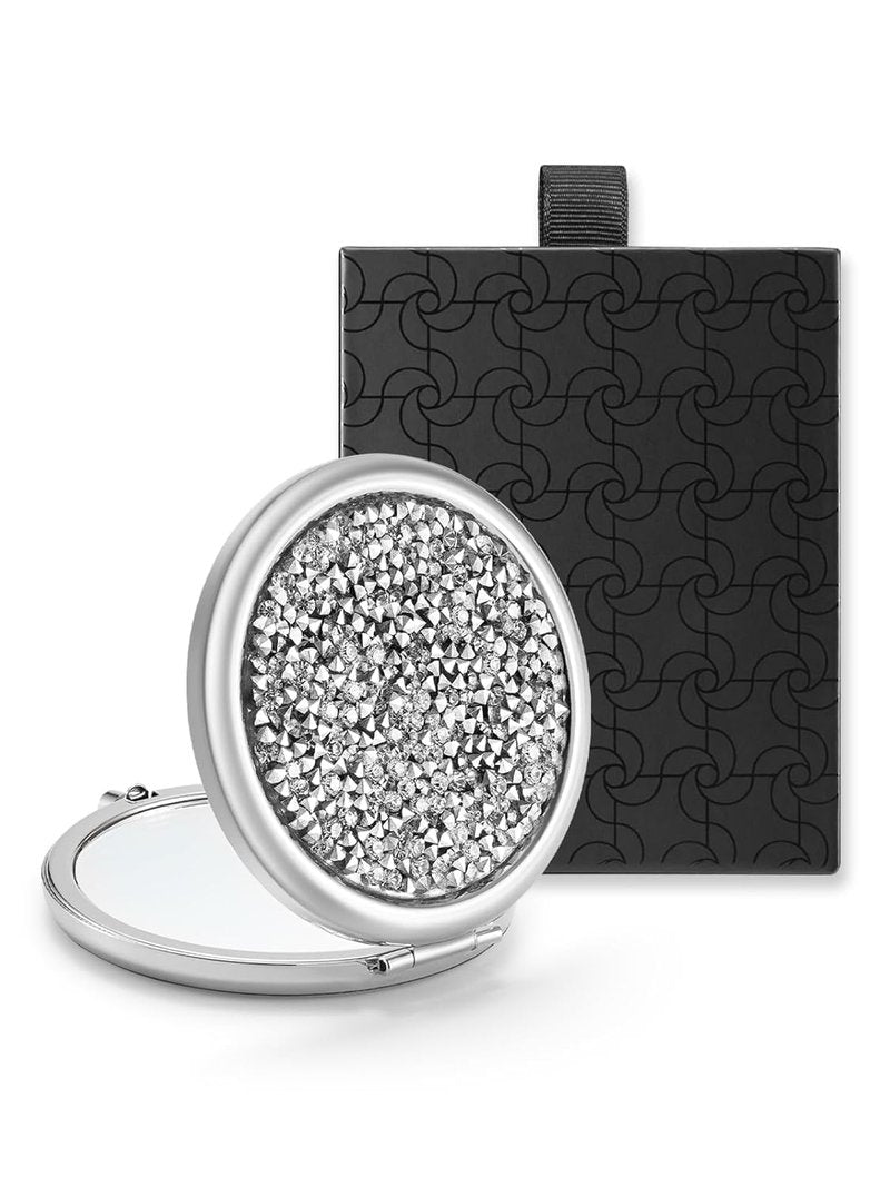 OMIRO Compact Magnifying Mirror - 1X/10X Dual Magnification | Perfect Gift for Women (Silver, Mixed Diamond)