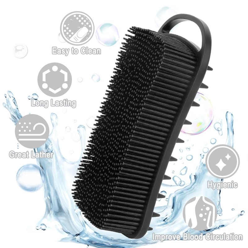 Silicone Body Scrubber, 2 in 1 Soft Silicone Loofah 2 Pack Exfoliating Body Scrubber Loofah for Women Men, Body Scrubber Shower Bath Shampoo Brush with Loop for Sensitive Skin Lather Well, Black &Pink
