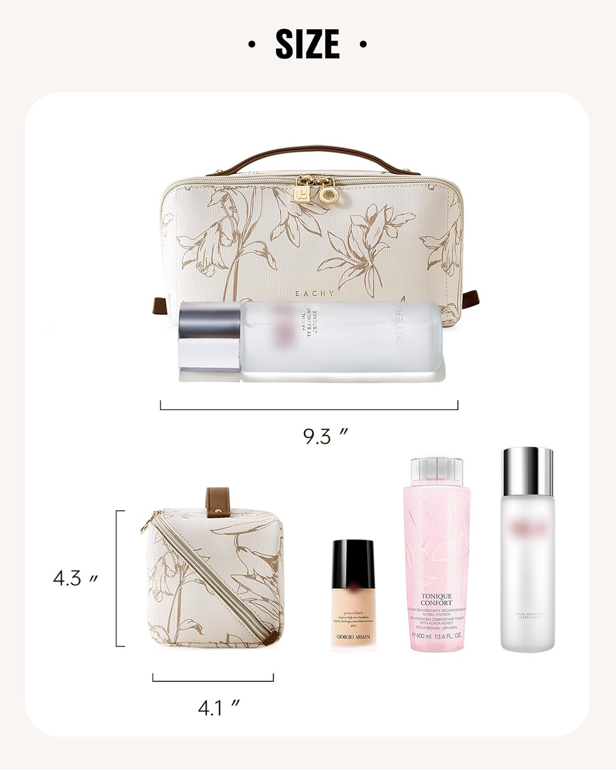 Travel Makeup Bag - Large Capacity Waterproof Cosmetic Pouch for Women | Open Flat Design (Beige)
