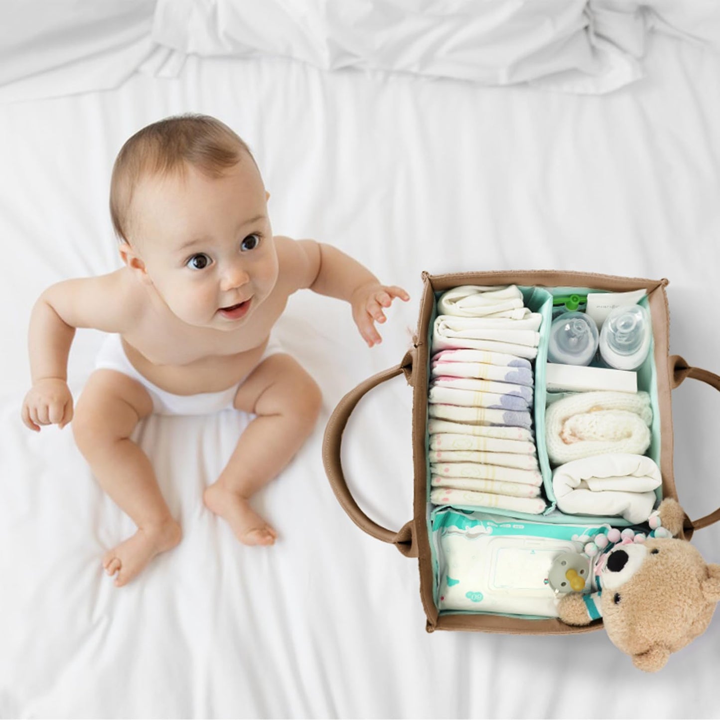 MOMINSIDE Diary Baby Diaper Caddy Organizer, Baby Basket Nursery Storage, Caddy Organizer for Portable Changing Table Dresser Car, Baby Registry Baby Shower Gifts for Girl Boy(Fair Green)