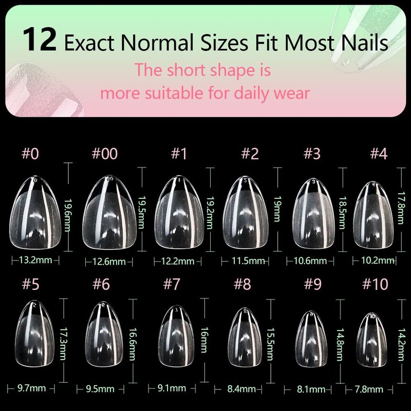 Short Almond Gel Nail Tips - 240 Pcs Half Matted Clear Fake Nails | 12 Sizes Full Cover Acrylic Press-On for DIY