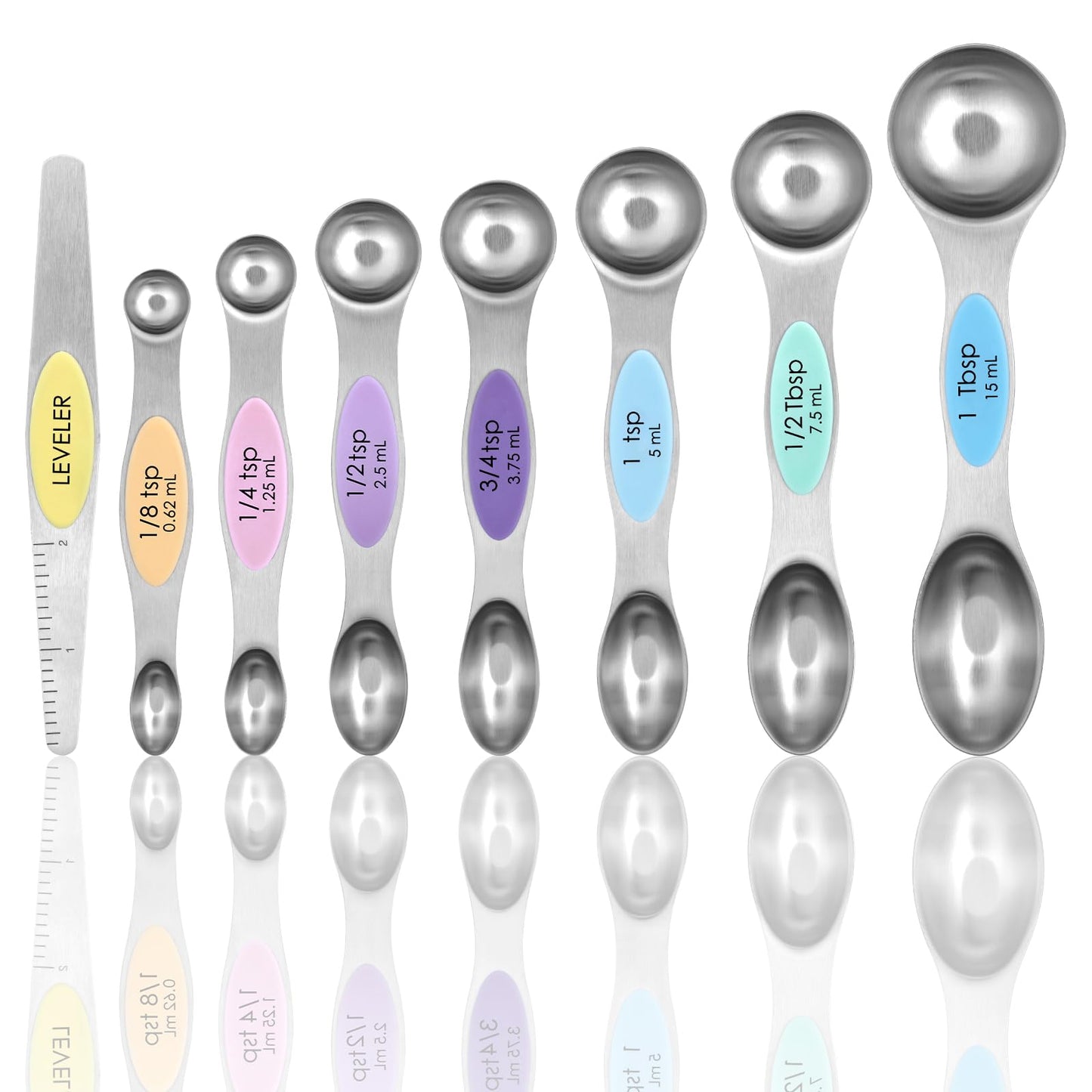 Magnetic Measuring Spoons Set of 8 with Leveler, Stainless Steel Metal Measuring Spoon, Dual Sided for Measuring Dry and Liquid Ingredients, Teaspoon Tablespoon Measure Spoons (Multicolor)