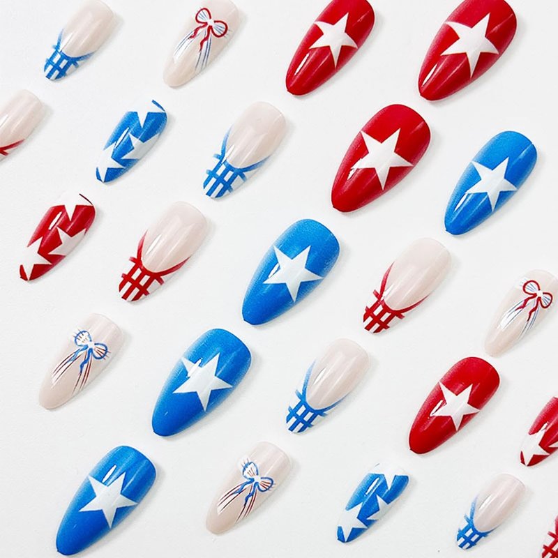Patriotic 4th of July Press-On Nails - Medium Almond French Tip with Star & Bow Designs | Red, White, Blue Acrylic
