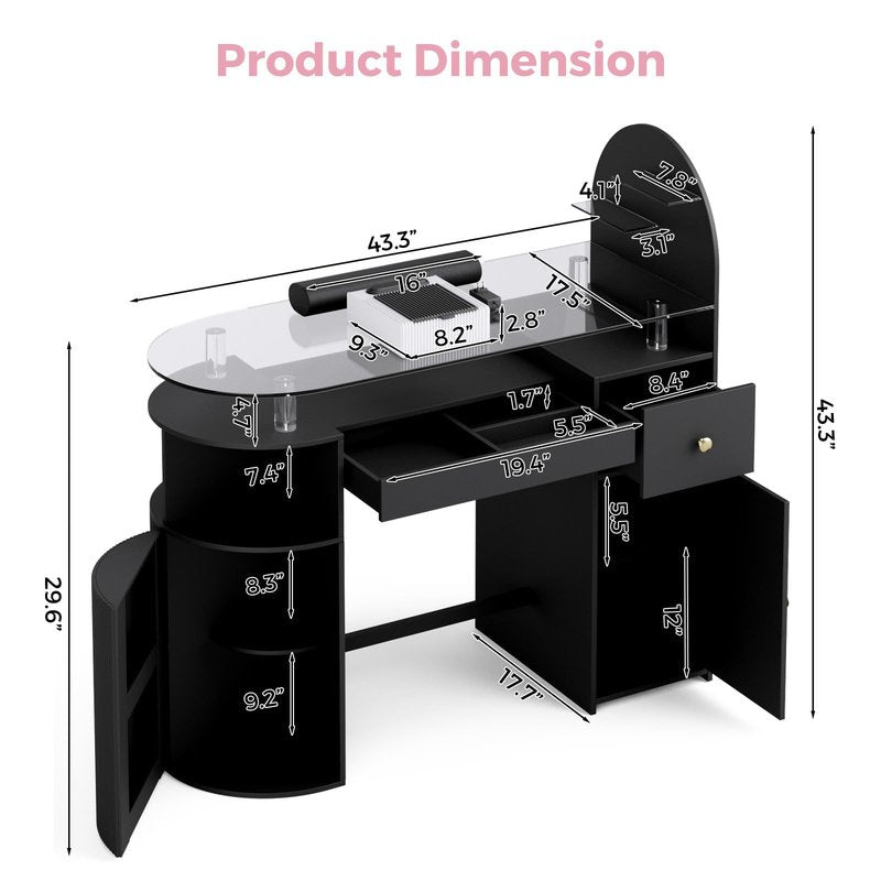 HolaiNail Manicure Table with Dust Collector, Professional Nail Tech Desk with Tempered Glass Top, Storage Cabinet & Drawer, Acetone Resistant, for Nail Beauty Salon Workstation(Black)