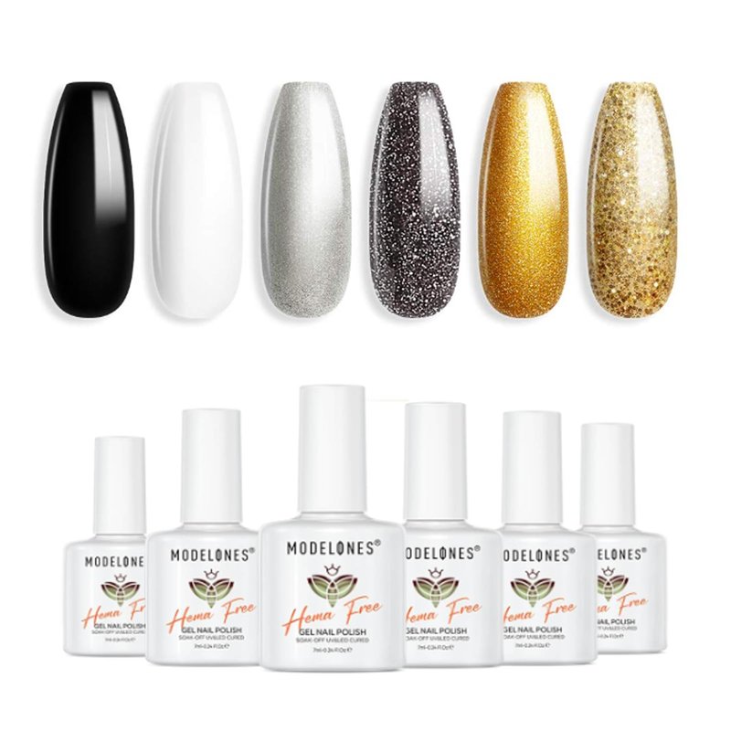 modelones Hema-free Gel Nail Polish Set 15ML 12Pcs,Black Gold White Gel Polish Kit Soak Off Gel Polish Set Manicure Nail Art Salon Home