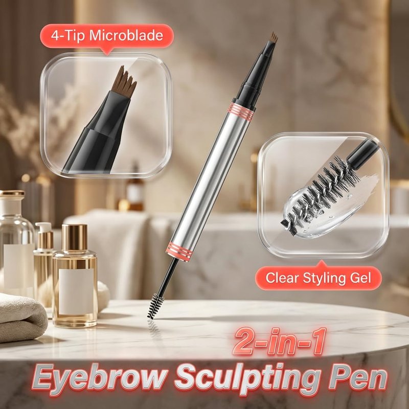 Eyebrow Pencils for Women, 2-in-1 3D Microblading Eyebrow Pen, 4-Tip Brow Pencil with Eyebrow Brush, Long-Lasting Natural Brow Makeup (Dark brown)