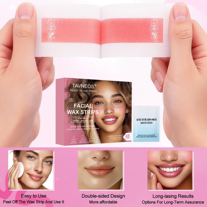 48 PCS Facial Wax Strips for Hair Removal on Face & Body | Gentle Rose Extract Formula for Sensitive Skin | At-Home Waxing Kit for Eyebrows, Upper Lip, Bikini, Brazilian with 6 Calming Oil Wipes