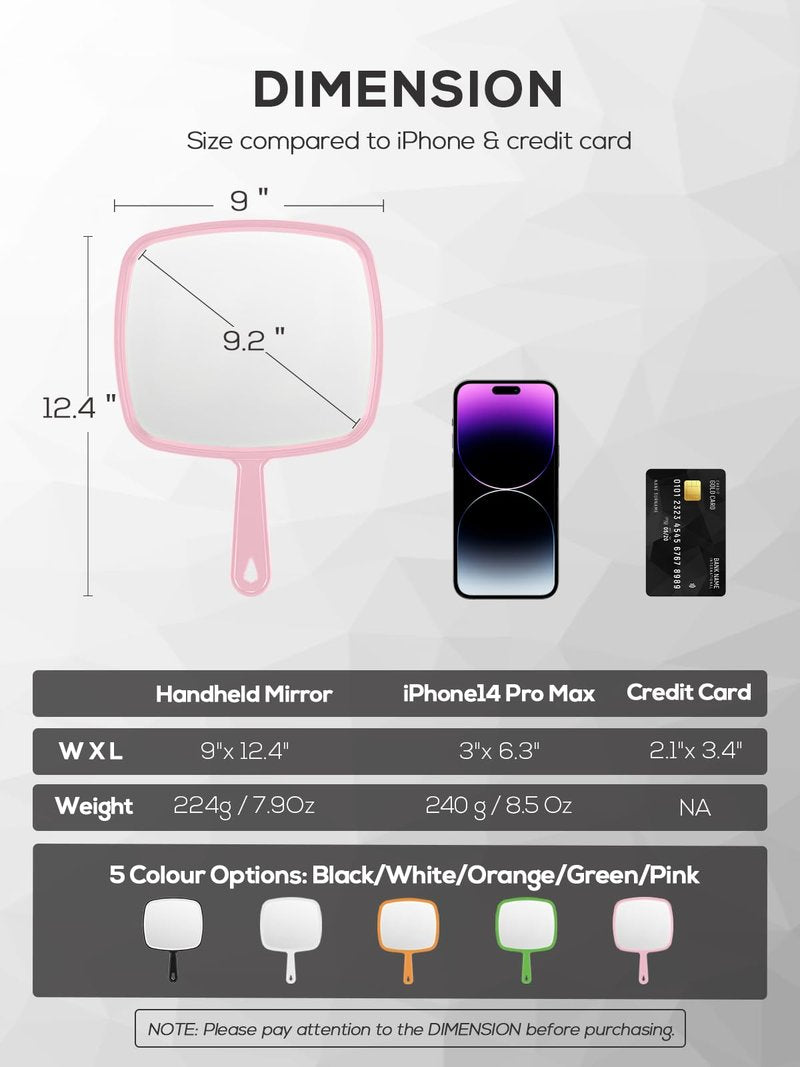 BEFUI Extra Large Handheld Mirror，Hand Salon Mirror with Handle for Barbers, Hairdressing (Pink，12.4" Lx 9" W)