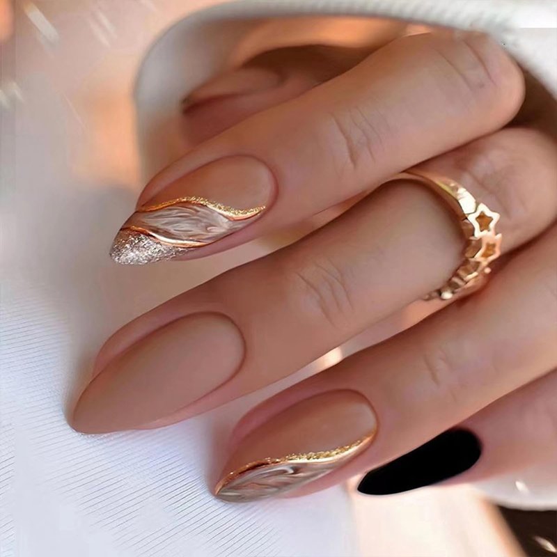 144Pcs Press on Nails Medium Almond Fake Nails French Tip False Nails with Designs Stick on Nails Full Cover Acrylic Nail for Women Manicure 6 Packs